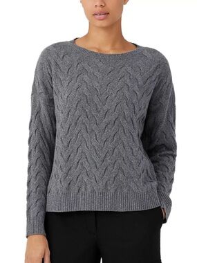 Eileen Fisher Gray Cashmere Blend Long Sleeve Boxy Style Cable Knit Sweater XXS